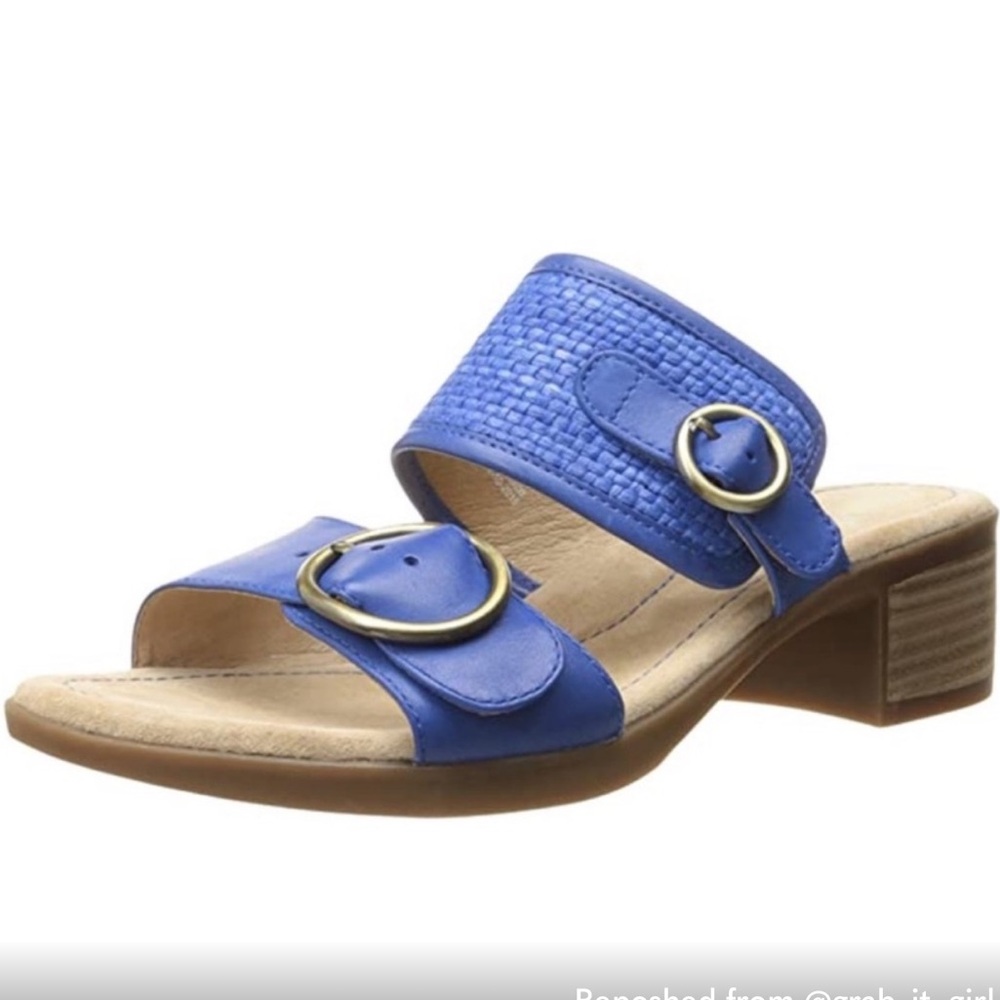 Dansko Lenny Blue Leather Buckle Block
Heel Sandals